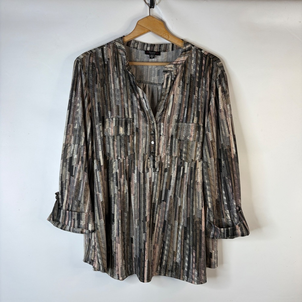 Cocomo Woman Tunic Blouse Women 3X Multi-Color Abstract Roll-Tab Babydoll Top